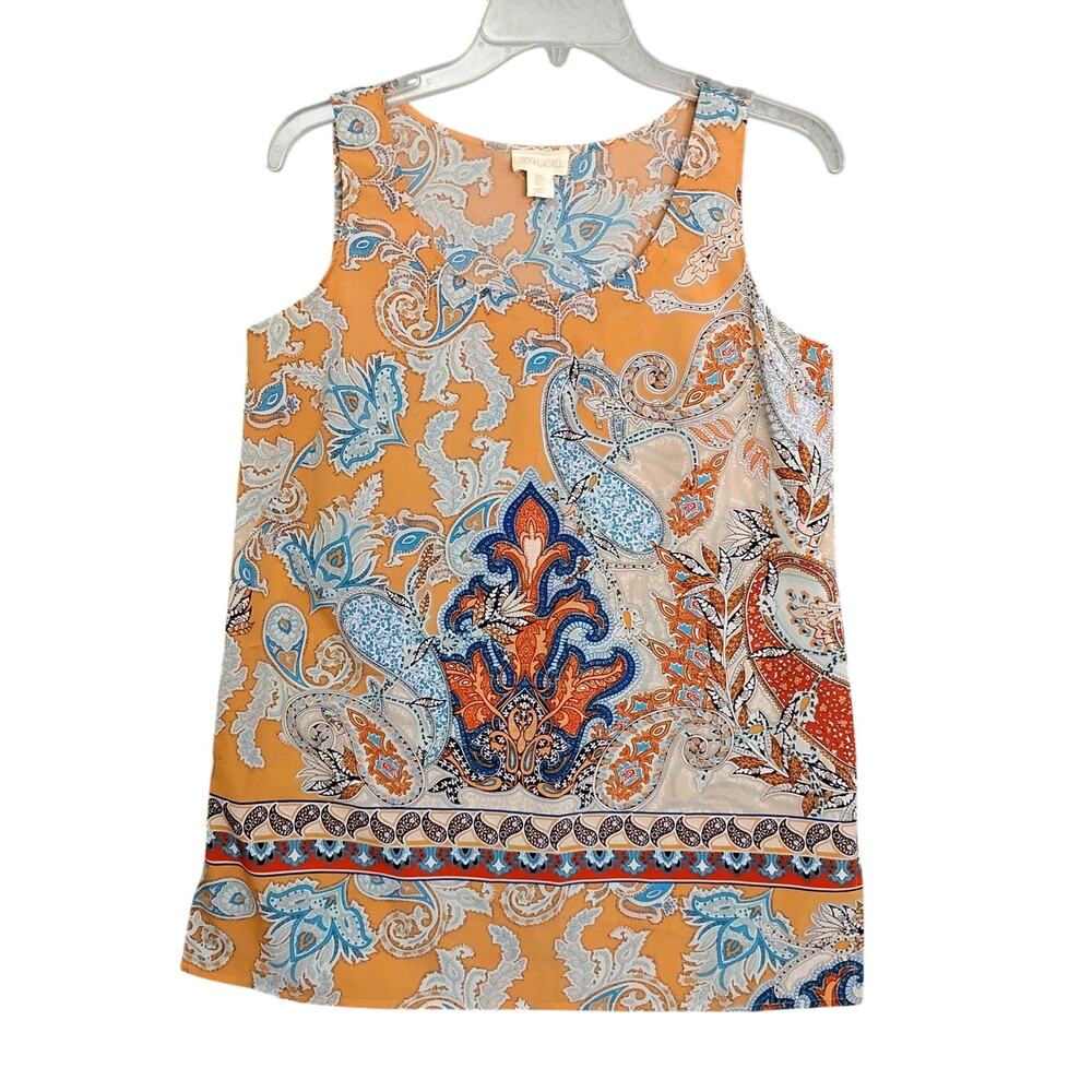 Lucy & Laurel Blouse Size Small Orange and Blue Moroccan Print Sleeveless